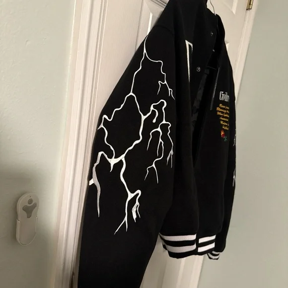 Black Varsity Jacket with White Lightning and Embroidery - Picture 6 of 7